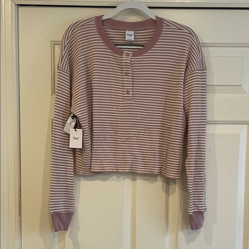 TNA Cropped Henley in Dusty Mauve & White Stripes